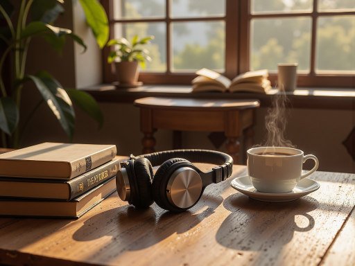 播客封面设计，书籍和咖啡杯组成的静物拍摄，温暖室内光线，文艺风格