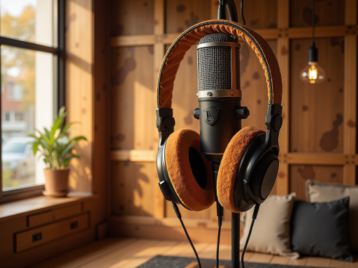 播客封面设计，音乐符号和乐器元素，暖色调背景，音乐主题风格